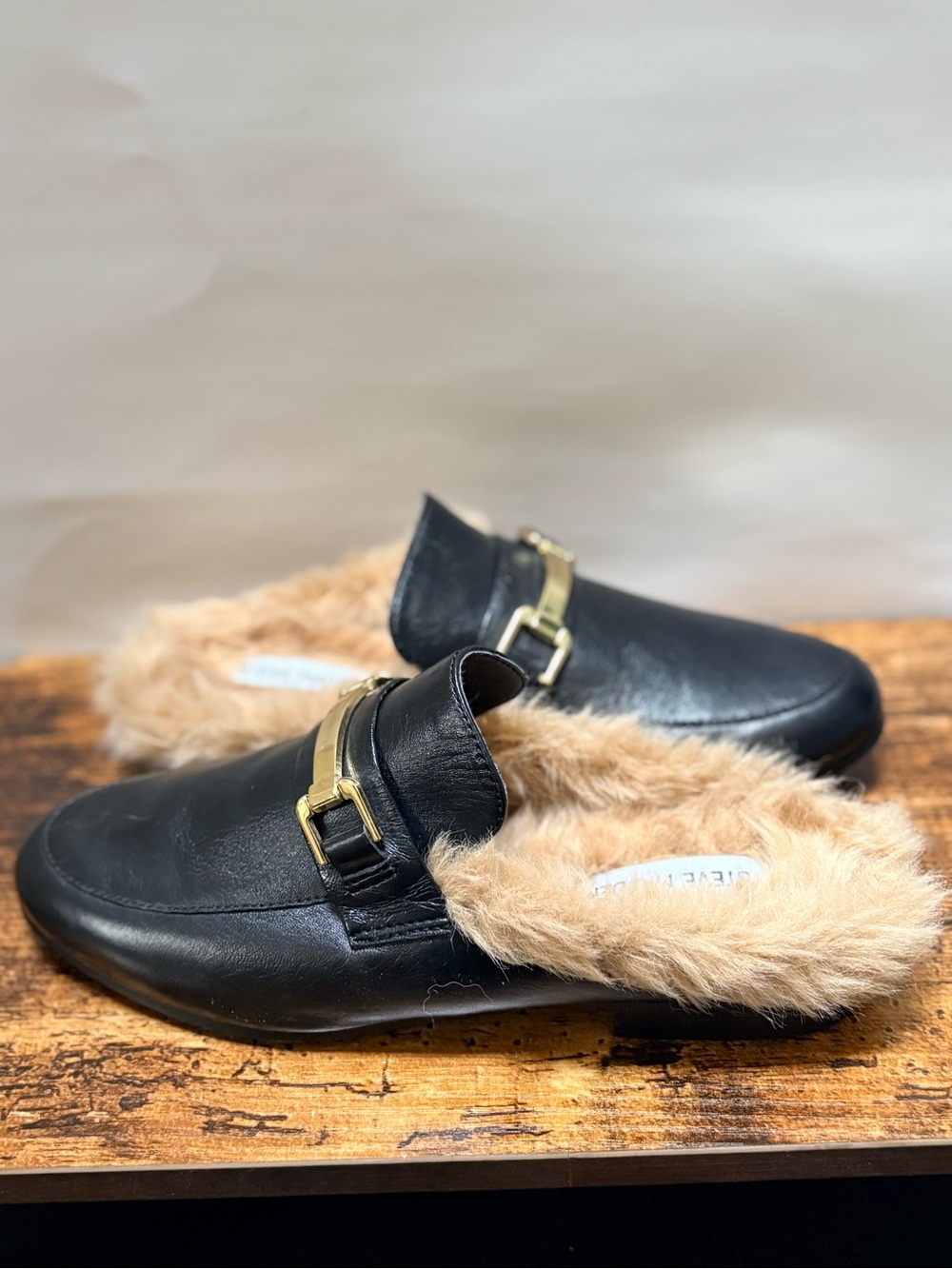 Steve Madden | "Belou" Leather Plush Faux Fur Backless Low Mules - Women's 6.5